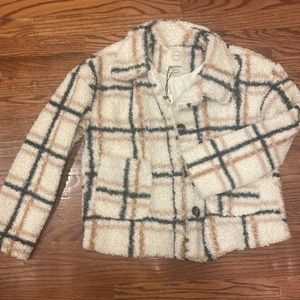 Sherpa style “shacket” jacket/coat. Off white with black/brown stripes